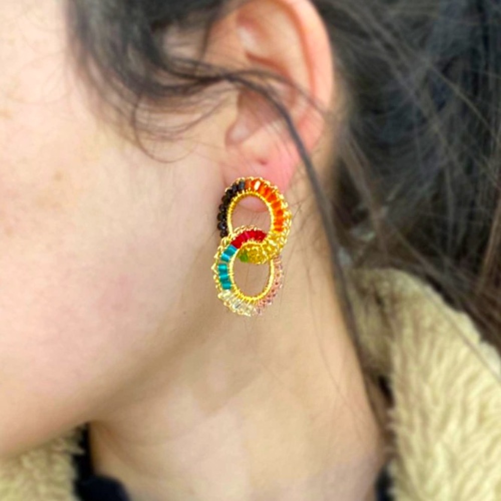 Multicolored Hand-Made Gold Crochet Links Earrings
